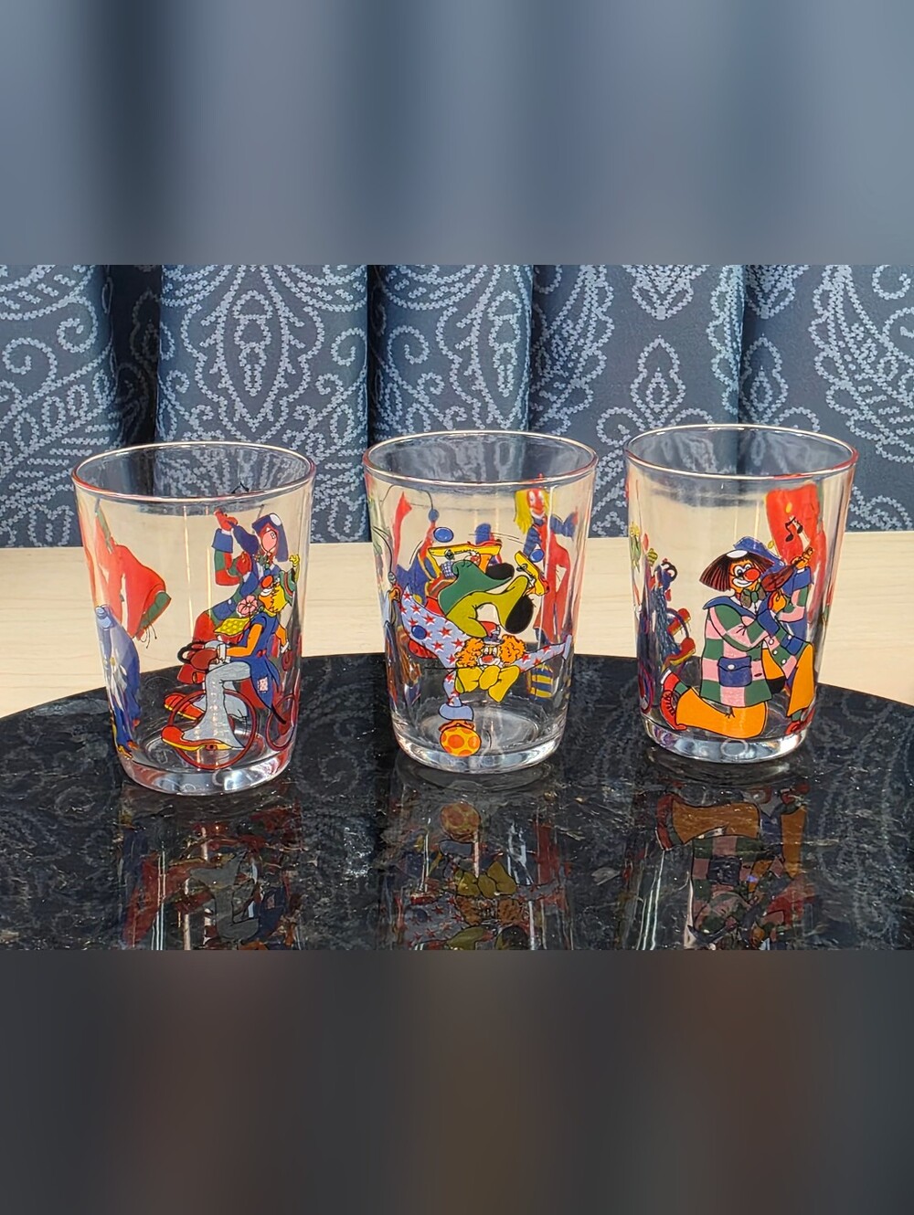 Vintage French Clown Circus Drinking/Juice Glasses - Set of 3 - Made in France